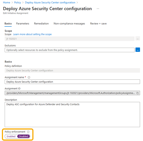 Deaktivieren des Erzwingungsmodus im Azure-Portal.