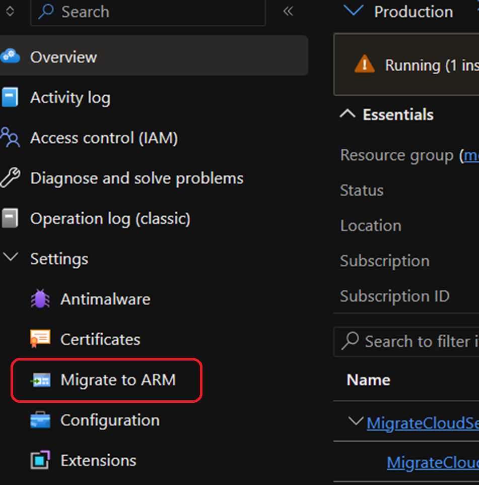 Screenshot: Schaltfläche „Zu ARM migrieren“ im Azure-Portal