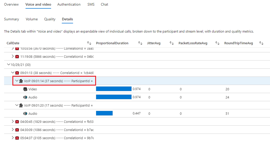 Screenshot der Sprach- und Videostreamdetails.