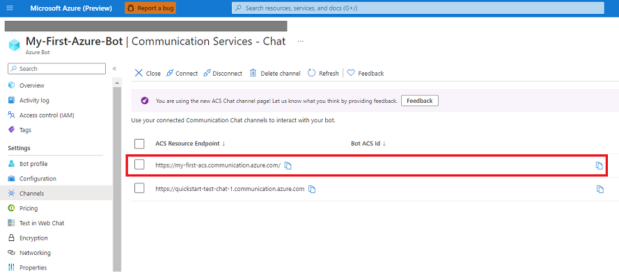 Screenshot der neuen Azure Communication Services-Benutzer-ID, die dem Bot zugewiesen wurde.