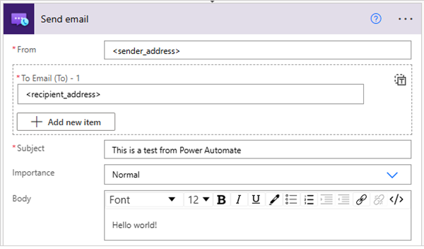 Screenshot: Eingabe für die Aktion „E-Mail senden“ des E-Mail-Connectors von Azure Communication Services.