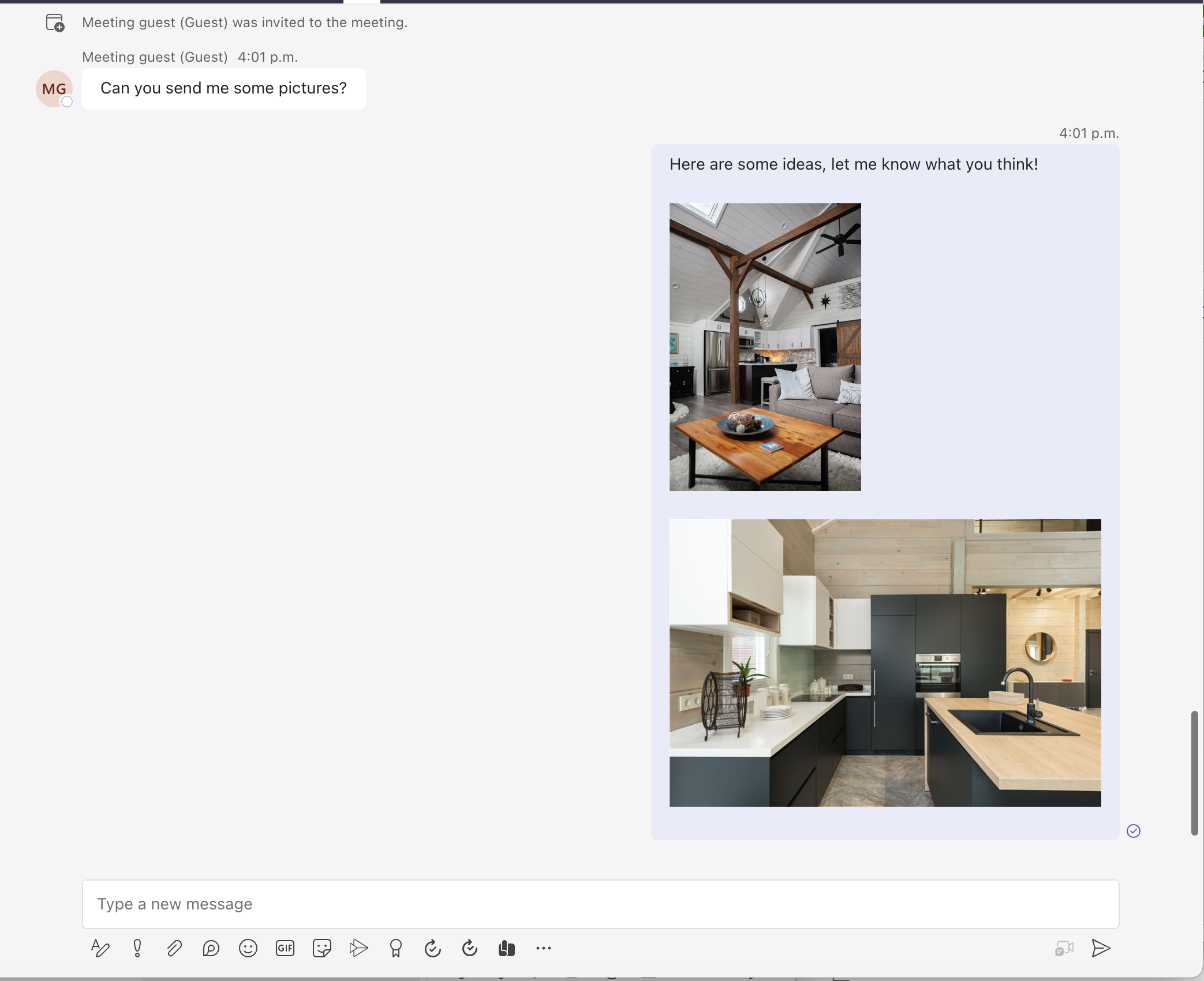 Screenshot des Teams-Clients mit einer gesendeten Nachricht mit diesem Text: Here are some ideas, let me know what you think! (Hier sind einige Ideen, lassen Sie mich wissen, was Sie denken!) Die Nachricht enthält auch zwei Inlinebilder von nachgebildeten Zimmereinrichtungen.