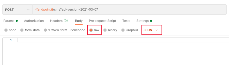 Festlegen des Anforderungstexts auf „raw“ (Unformatiert) und „JSON“