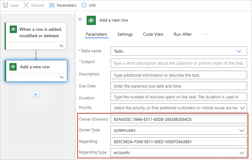 Screenshot shows Standard workflow code view, Add a new row action, and new tasks row associated with IDs and lookup types.