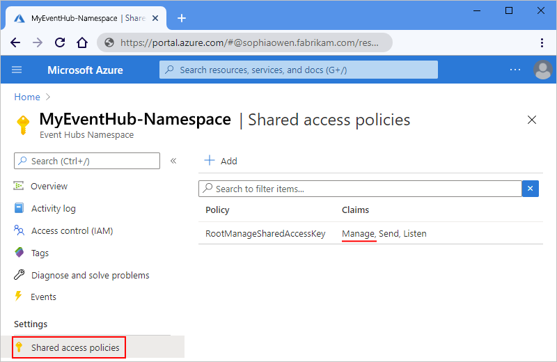 Screenshot: Azure-Portal, Ihr Event Hubs-Namespace und die Berechtigung „Verwalten“ in der Spalte „Ansprüche“.