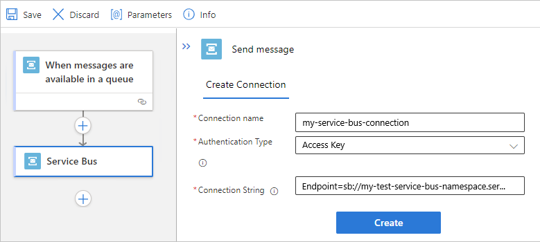 Screenshot: Workflow des Tarifs „Standard“, verwaltete Service Bus-Aktion und Beispielverbindungsinformationen