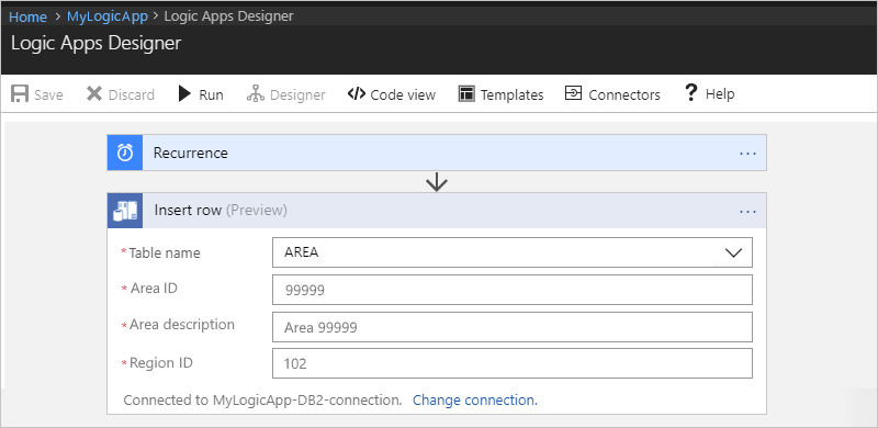 Screenshot: Logik-App-Designer mit der Aktion „Insert row (Preview)“ (Zeile einfügen (Vorschau)) und Beispieleigenschaftswerten