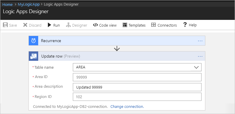 Screenshot: Logik-App-Designer mit der Aktion „Update row (Preview)“ (Zeile aktualisieren (Vorschau)), unter der Sie eine Tabelle auswählen