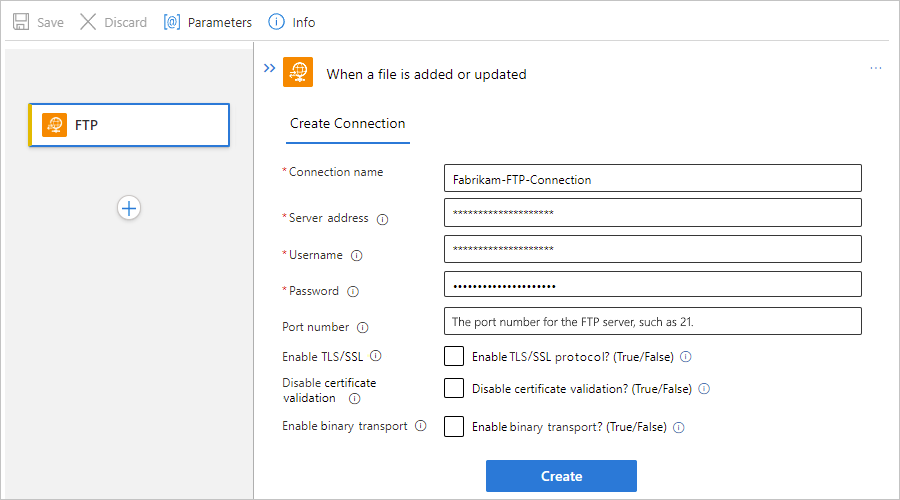 Screenshot: der Designer für Logik-App-Workflows im Tarif „Standard“, ein integrierter FTP-Trigger und ein Verbindungsprofil.