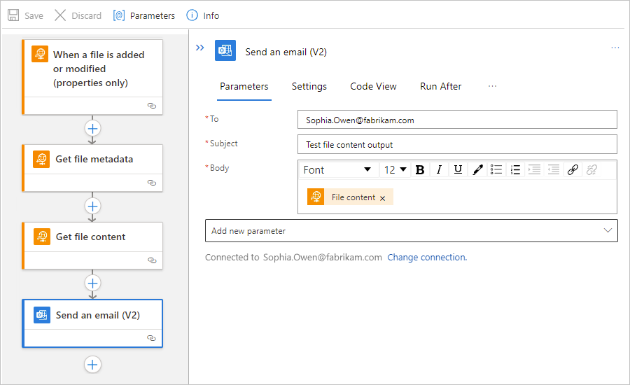 Screenshot des Designers für den Workflow im Tarif „Standard“ und der Aktion „E-Mail senden“ mit der Ausgabe der verwalteten Aktion „Dateiinhalt“.