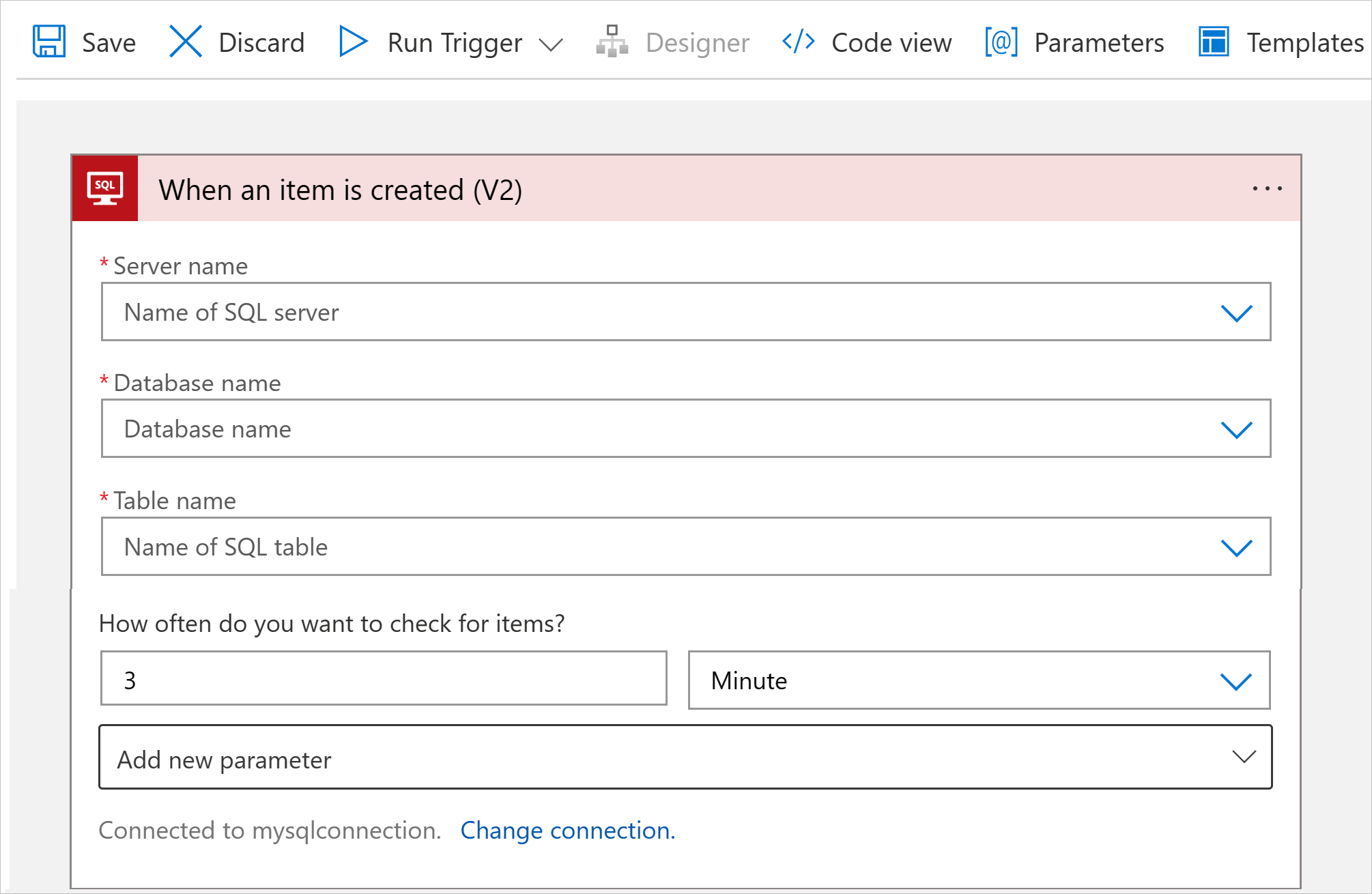 Screenshot: Designer für den Workflow im Tarif „Verbrauch“ und verwaltete Aktion mit dem Namen „Wenn ein Element erstellt wird“