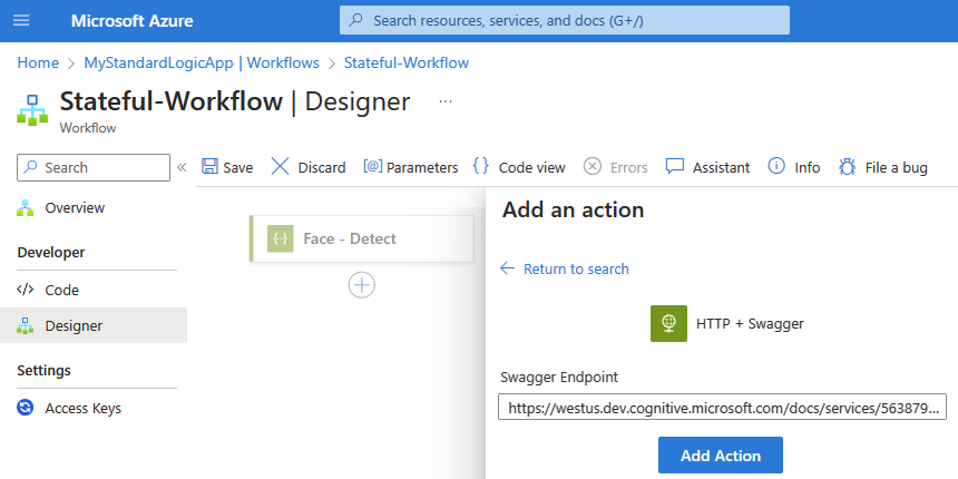 Screenshot des Standard-Workflow-Designers mit dem Trigger namens „Gesichtserkennung– Erkennen” und der Aktions namens „httpswaggeraction”. Die Swagger Endpoint-Eigenschaft ist auf einen URL-Wert festgelegt.