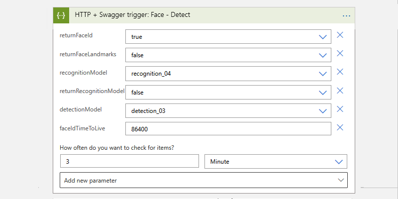 Screenshot: Verbrauchsworkflow, H T T P + Swagger-Trigger und Operation namens „Gesichtserkennung – Erkennen”.