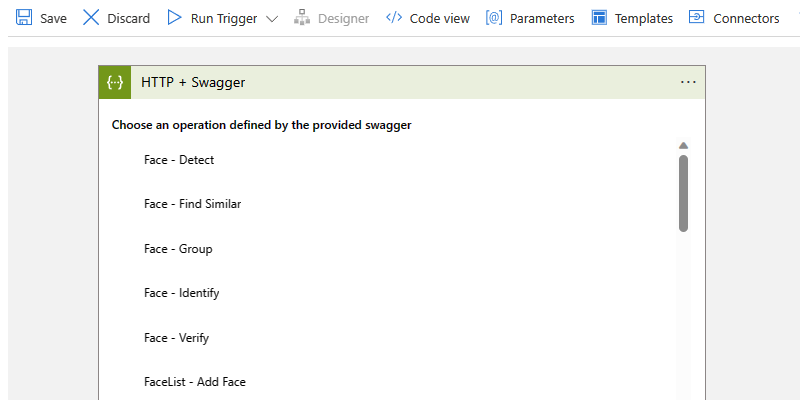 Screenshot: Verbrauchsworkflow, H T T P + Swagger-Trigger und Liste mit Swagger-Vorgängen.