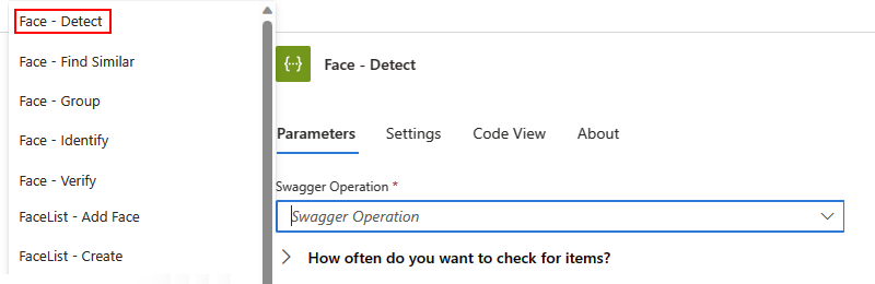 Screenshot: Standardworkflow, Trigger „Gesichtserkennung – Erkennen” und Liste mit Swagger-Vorgängen.