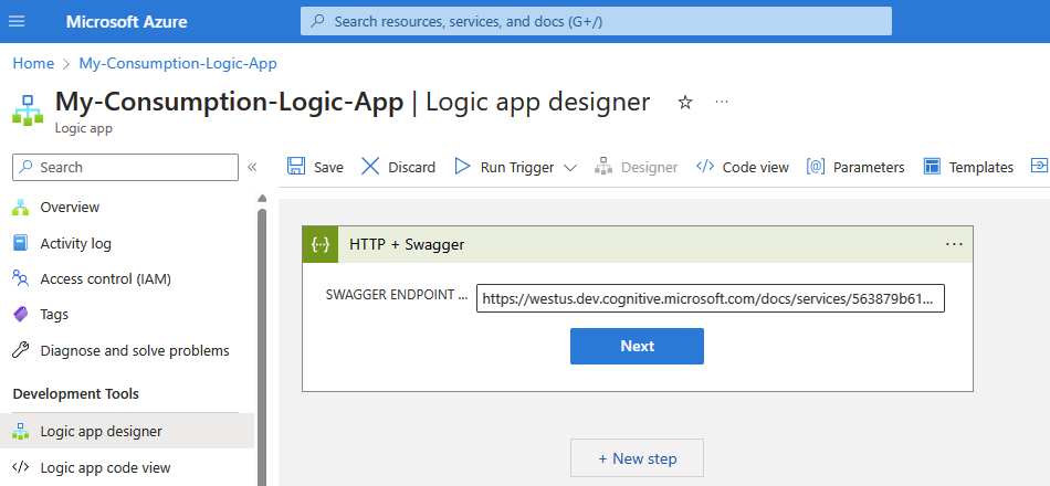 Screenshot: Designer für den Workflow im Tarif „Verbrauch“ mit dem Trigger namens „H T T P + Swagger”. Die Eigenschaft SWAGGER-ENDPUNKT-URL ist auf einen URL-Wert festgelegt.