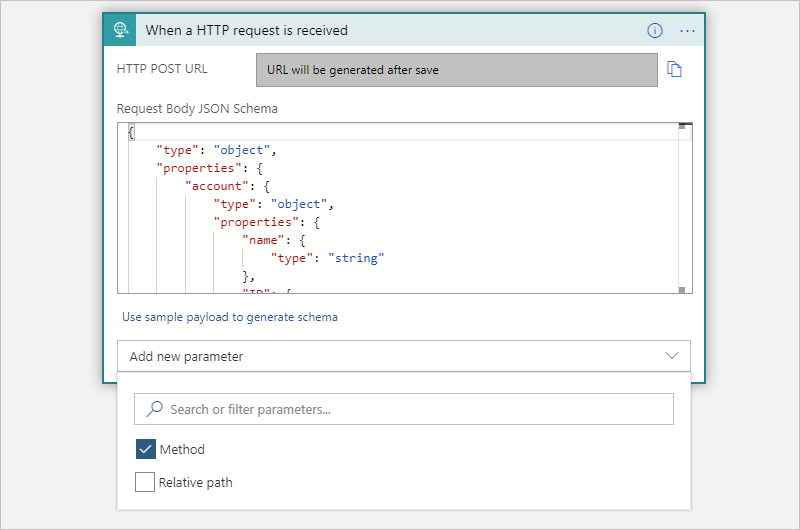 Screenshot mit Verbrauchsworkflow, Anforderungsauslöser und dem Parameter „Methode“