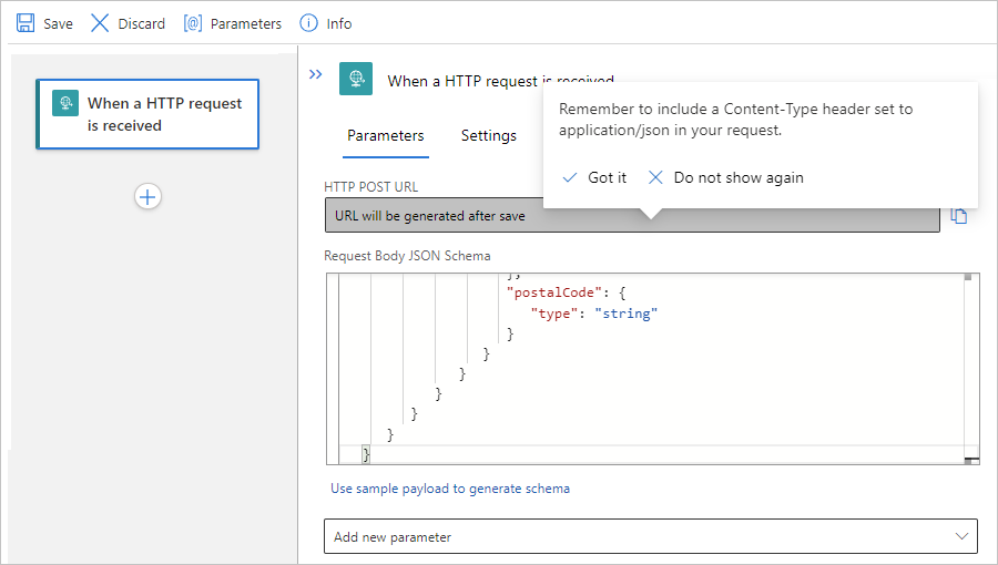 Screenshot mit dem Standard-Workflow, dem Anforderungsauslöser und der Erinnerung, den Header „Content-Type“ einzufügen.