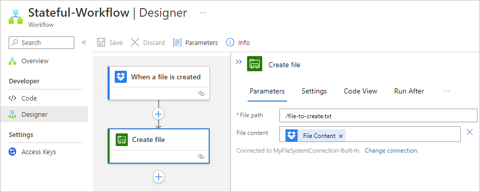 Screenshot: Standard-Workflow-Designer und die Aktion „Datei erstellen“ des integrierten Dateisystem-Connectors.