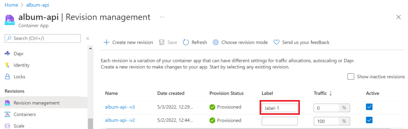 Screenshot of Container Apps revision management.