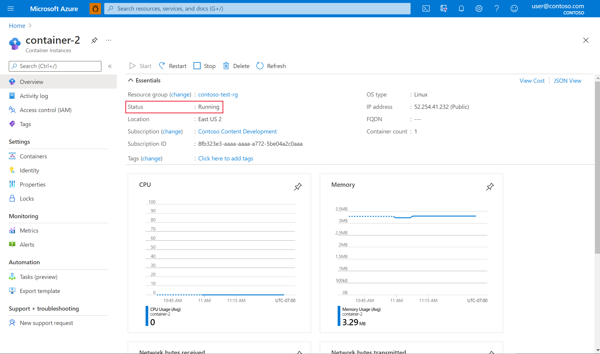 Das Übersichtsblatt für die Ressource im Azure-Portal wird in einem Webbrowser angezeigt. Der Text „Status: Wird ausgeführt“ ist hervorgehoben.