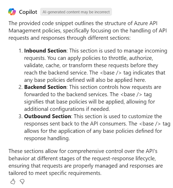 Screenshot: Microsoft Copilot in Azure mit Informationen zu einer bestimmten API Management-Richtlinie