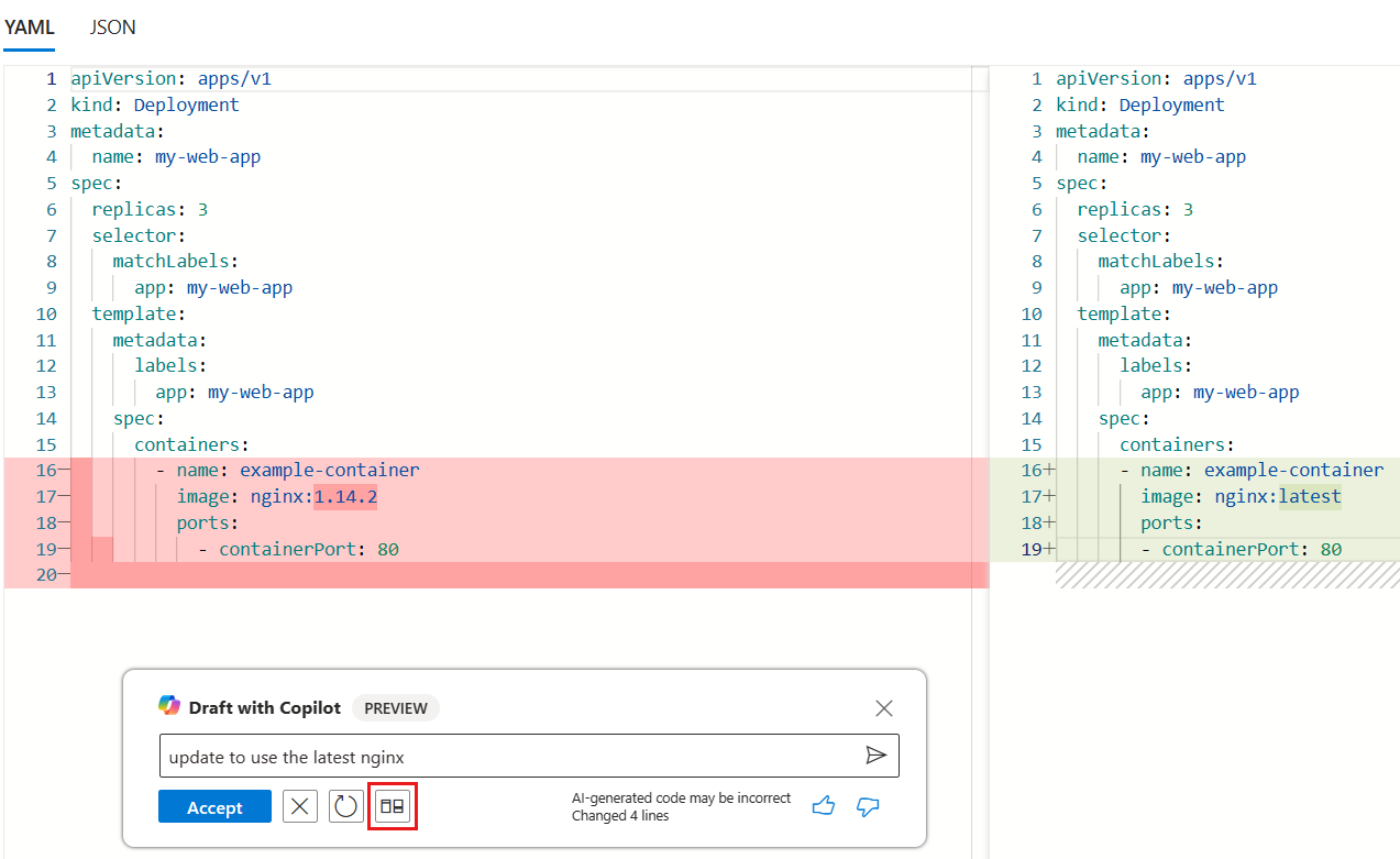 Screenshot, der die parallele Diff-Ansicht im AKS-YAML-Editor zeigt, wobei die Umschaltfläche hervorgehoben ist.