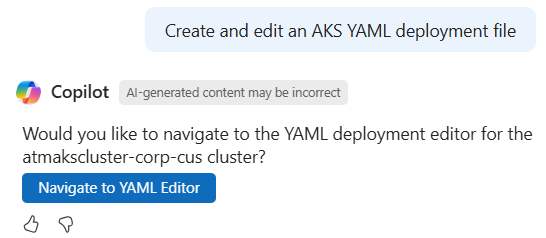 Screenshot: Prompt zum Generieren einer AKS-YAML-Datei in Microsoft Copilot in Azure