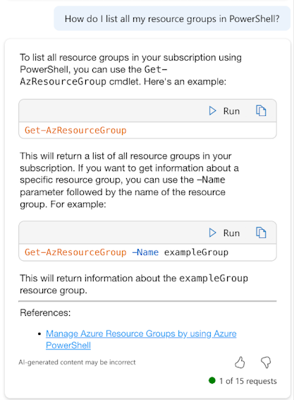 Screenshot: Microsoft Copilot in Azure mit dem PowerShell-Cmdlet zum Auflisten von Ressourcengruppen