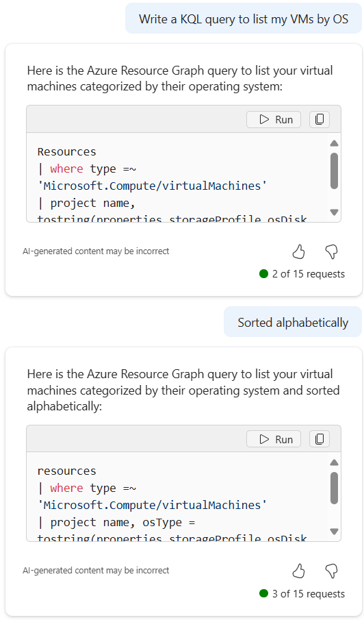 Screenshot: Microsoft Copilot in Azure (Vorschauversion) beim Generieren und anschließenden Überarbeiten einer Abfrage zum Auflisten von VMs nach Betriebssystem