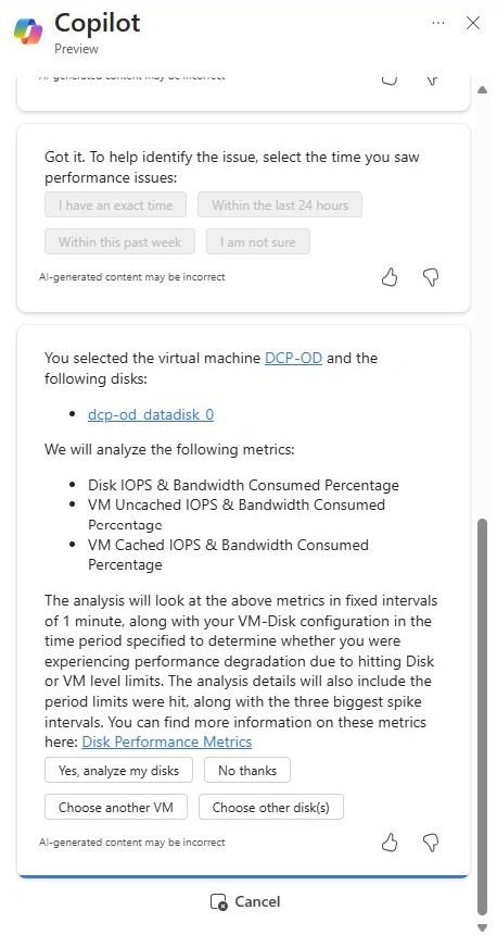 Screenshot von Microsoft Copilot in Azure, der sich darauf vorbereitet, eine Analyse der langsamen Datenträgerleistung durchzuführen.