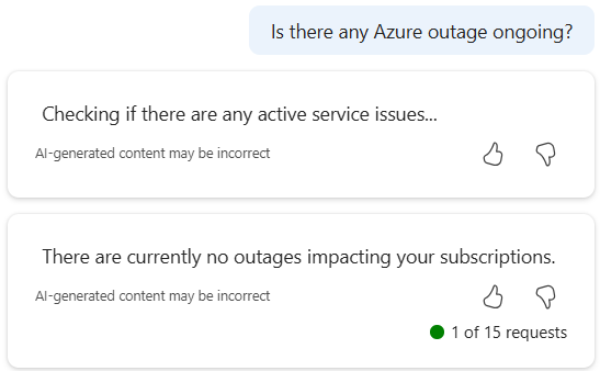 Screenshot von Microsoft Copilot in Azure, der auf aktive Service Health-Probleme überprüft.