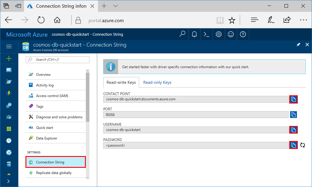 Anzeigen und Kopieren eines Zugriffsschlüssels im Azure-Portal auf der Seite „Verbindungszeichenfolge“