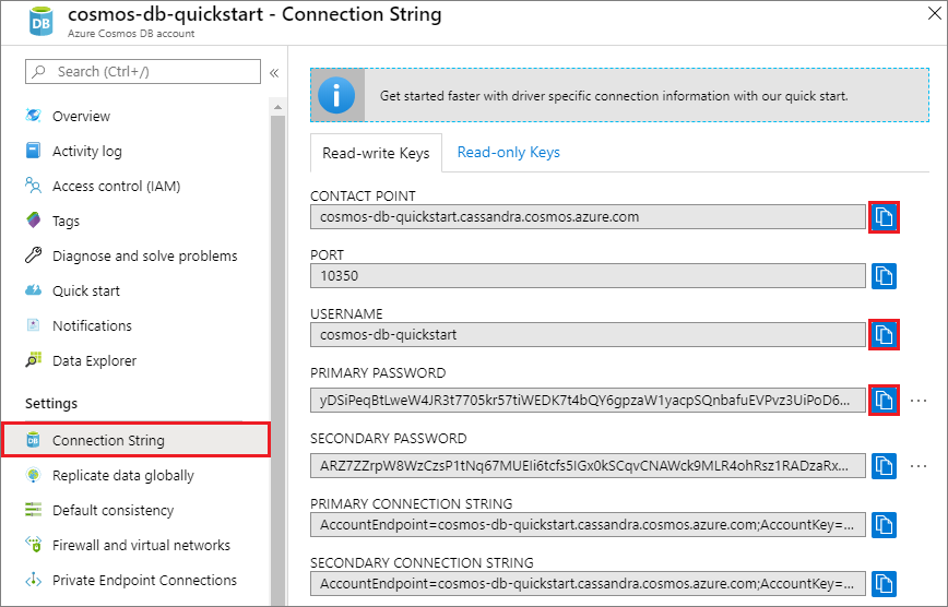 Anzeigen und Kopieren von Details im Azure-Portal auf der Seite „Verbindungszeichenfolge“