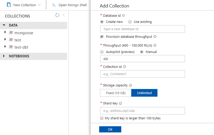 Daten-Explorer im Azure-Portal, Bereich „Container hinzufügen“