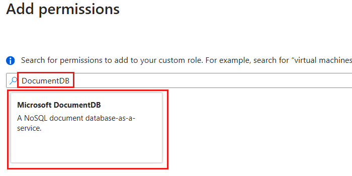 Screenshot: Dialogfeld „Berechtigungen hinzufügen“ gefiltert nach Berechtigungen im Zusammenhang mit „DocumentDB“ zum Hinzufügen einer benutzerdefinierten Rolle