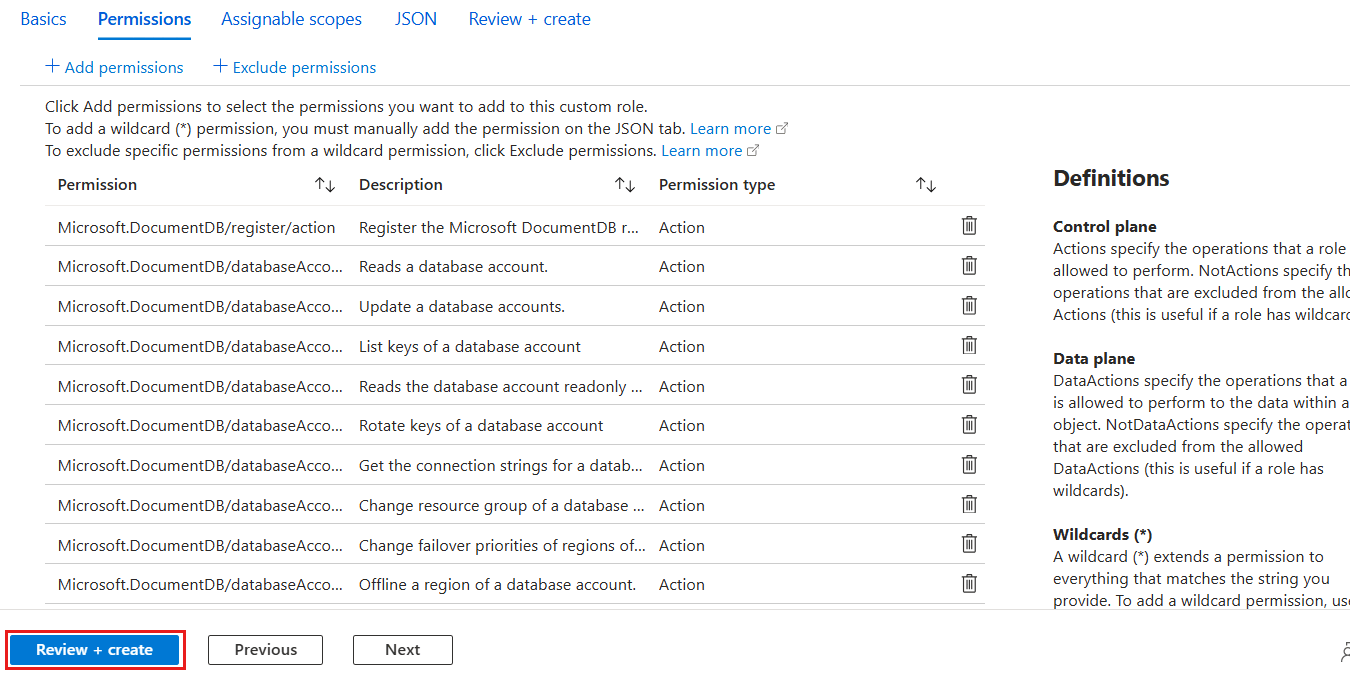 Screenshot: Bereich „Berechtigungen“ mit mehreren Berechtigungen, die der Liste für eine benutzerdefinierte Rolle hinzugefügt wurden