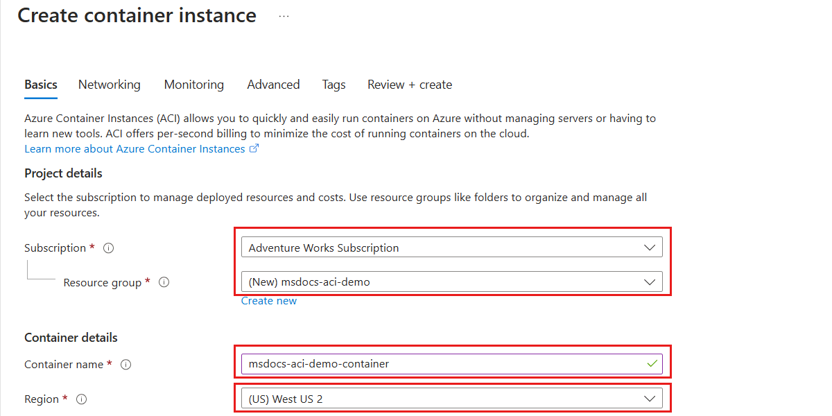 Screenshot des Bereichs Grundlagen der Ressourcenerstellung für Azure Container Instances.