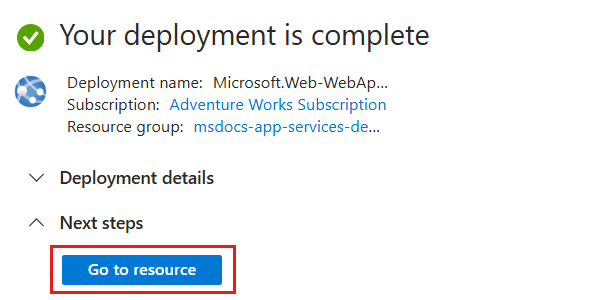 Screenshot einer vollständig bereitgestellten Azure App Service-Webanwendungsressource mit hervorgehobener Option Gehe zu Ressource.