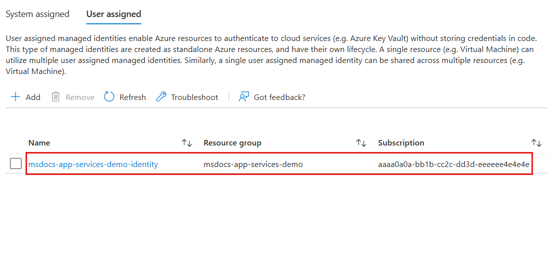 Screenshot der Liste der vom Benutzer zugewiesenen verwalteten Identitäten, die der aktuellen Web-App zugeordnet sind.