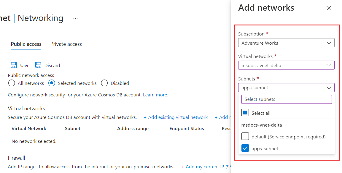 Screenshot des Dialogfelds zur Auswahl eines vorhandenen virtuellen Azure-Netzwerks und eines Subnetzes mit einem Azure Cosmos DB-Dienstendpunkt.