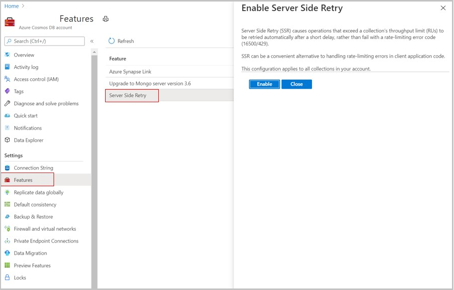 Screenshot des Features für die serverseitige Wiederholung für Azure Cosmos DB for MongoDB