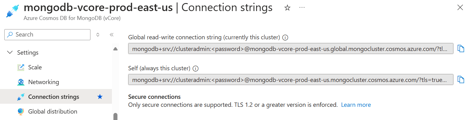 Screenshot: Clusterverbindungszeichenfolgen eines Azure Cosmos DB for MongoDB (vCore)-Clusters, einschließlich der globalen Lese/Schreib-Verbindungszeichenfolge und der Selbstverbindungszeichenfolge