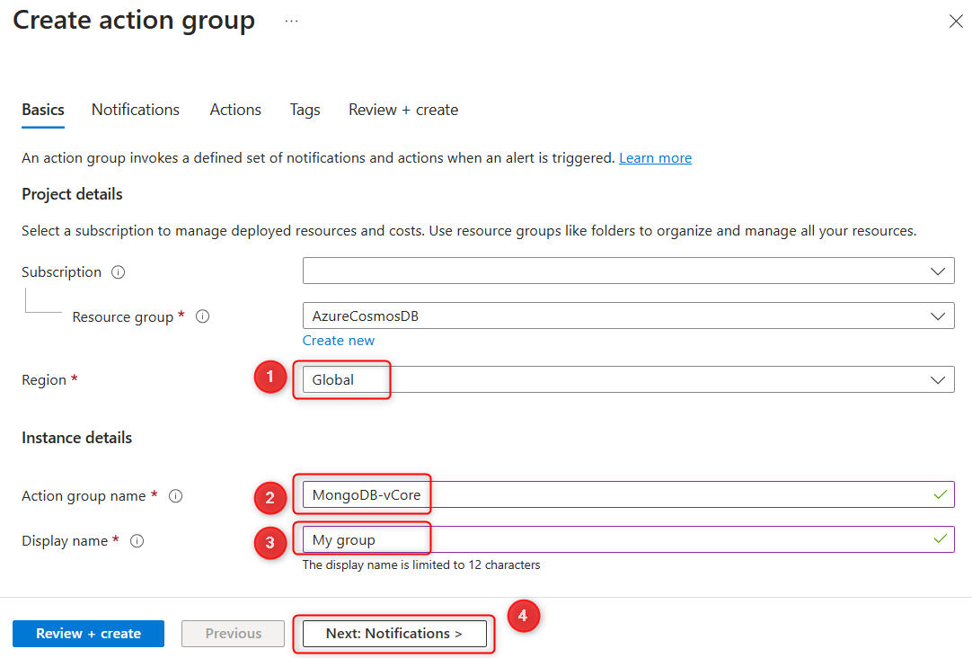 Screenshot der Grundlagen für die Aktionsgruppe im Azure-Portal.