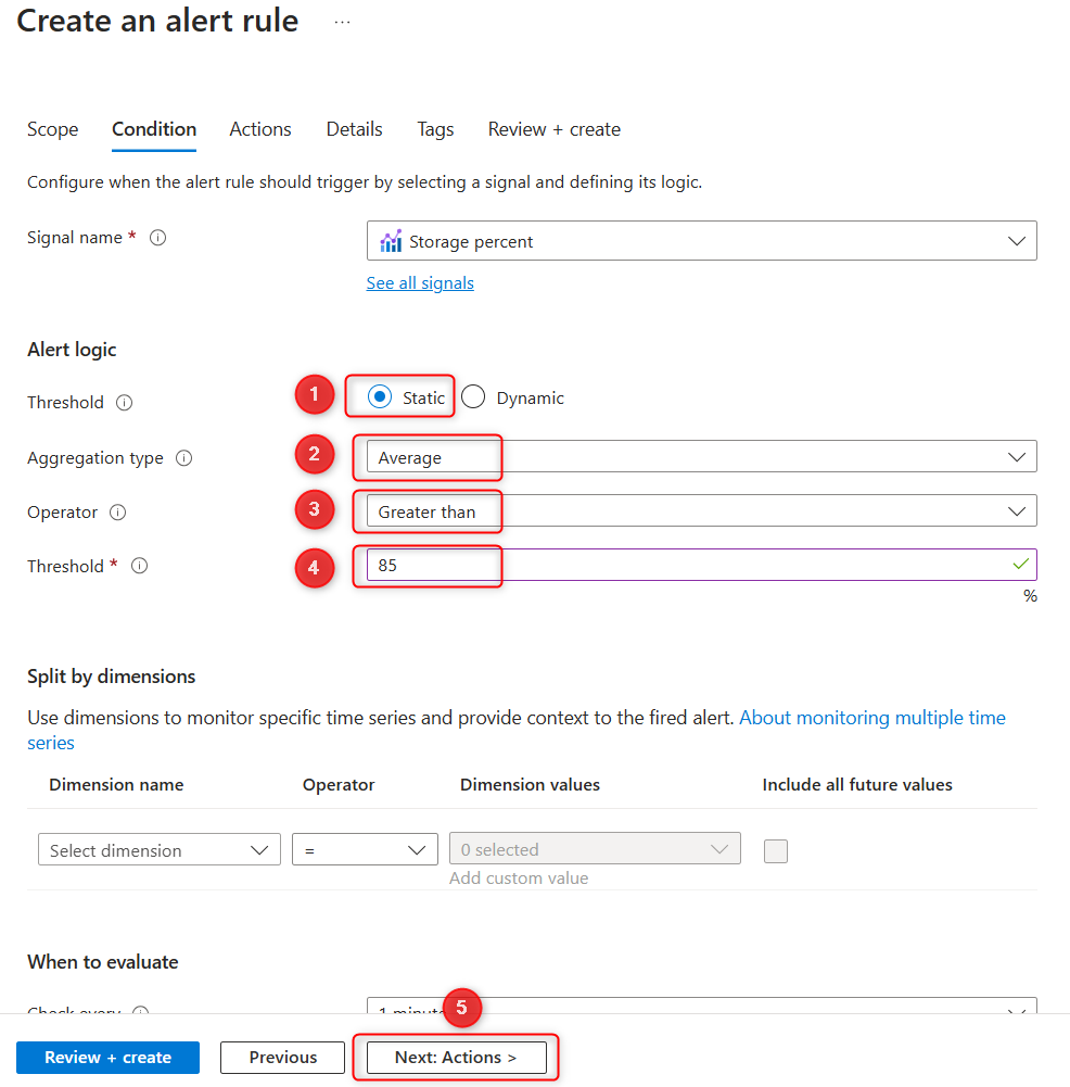 Screenshot der Warnungsdefinition für eine ausgewählte Metrik im Azure-Portal.