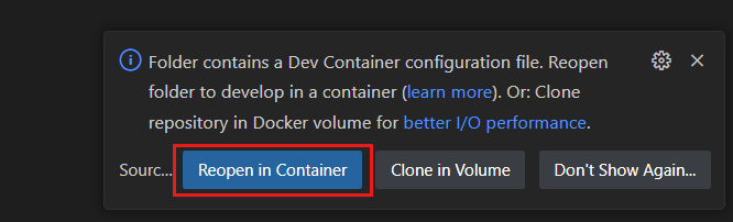 Screenshot: Popupbenachrichtigung zum erneuten Öffnen des aktuellen Ordners im Kontext eines Entwicklungscontainers.
