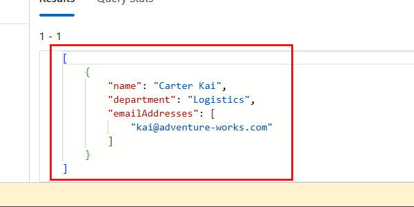 Screenshot der Ergebnisse der Ausführung der vorherigen NoSQL-Abfrage im Data Explorer.