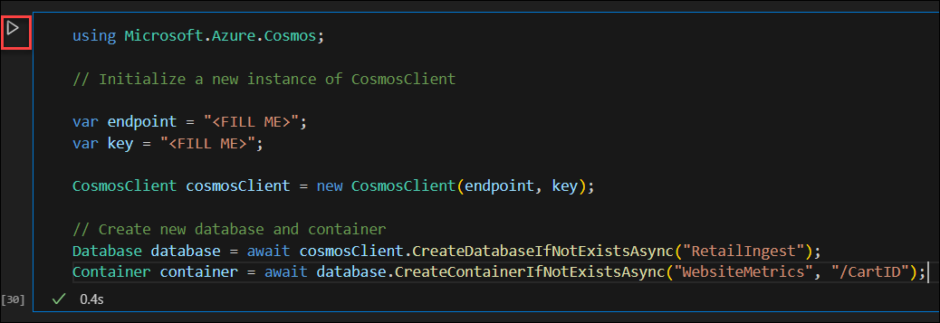 Screenshot der Zelle „Ausführen“ im Visual Studio Code Jupyter C#-Notizbuch.