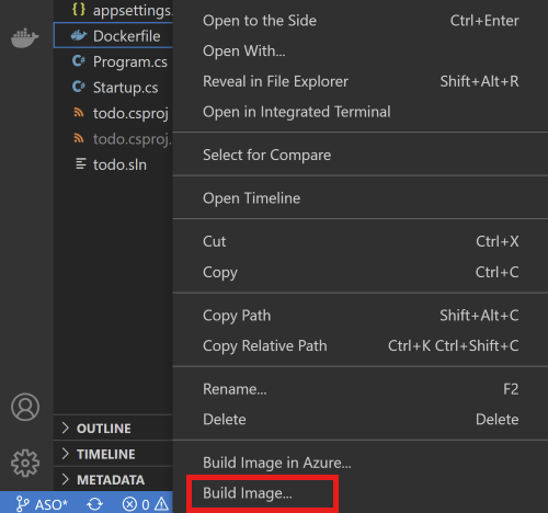 Screenshot des Kontextmenüs in Visual Studio Code mit ausgewählter Option „Image erstellen“.