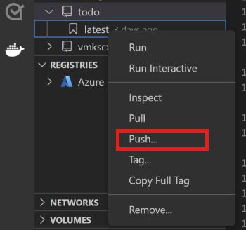 Screenshot des Kontextmenüs in Visual Studio Code mit ausgewählter Option „Pushen“.